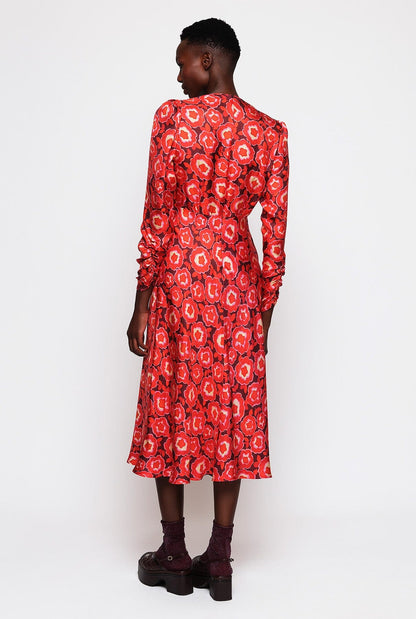 Red silk twill floral print dress Dresses Mirto 