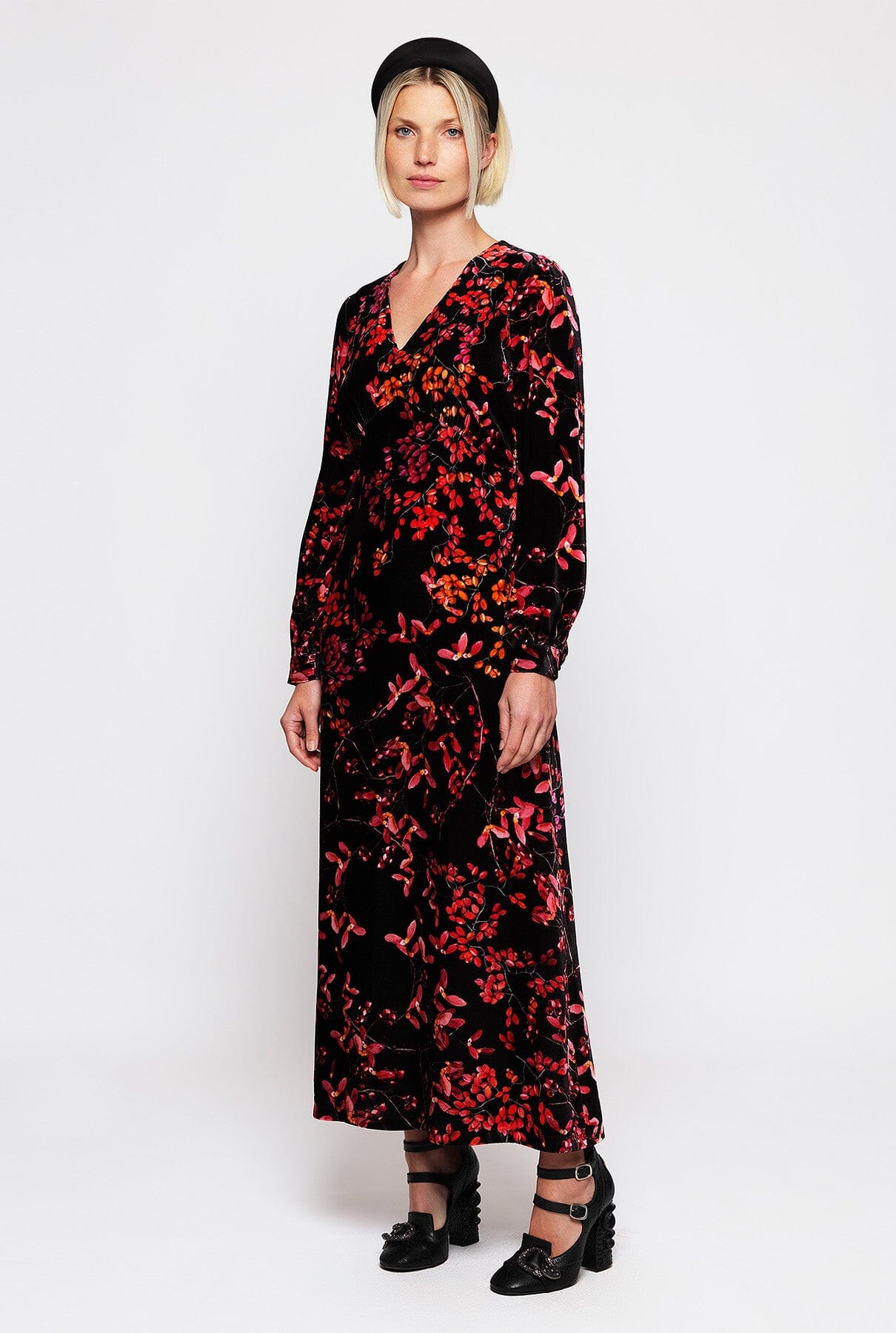 Red velvet floral print dress Dresses Mirto 