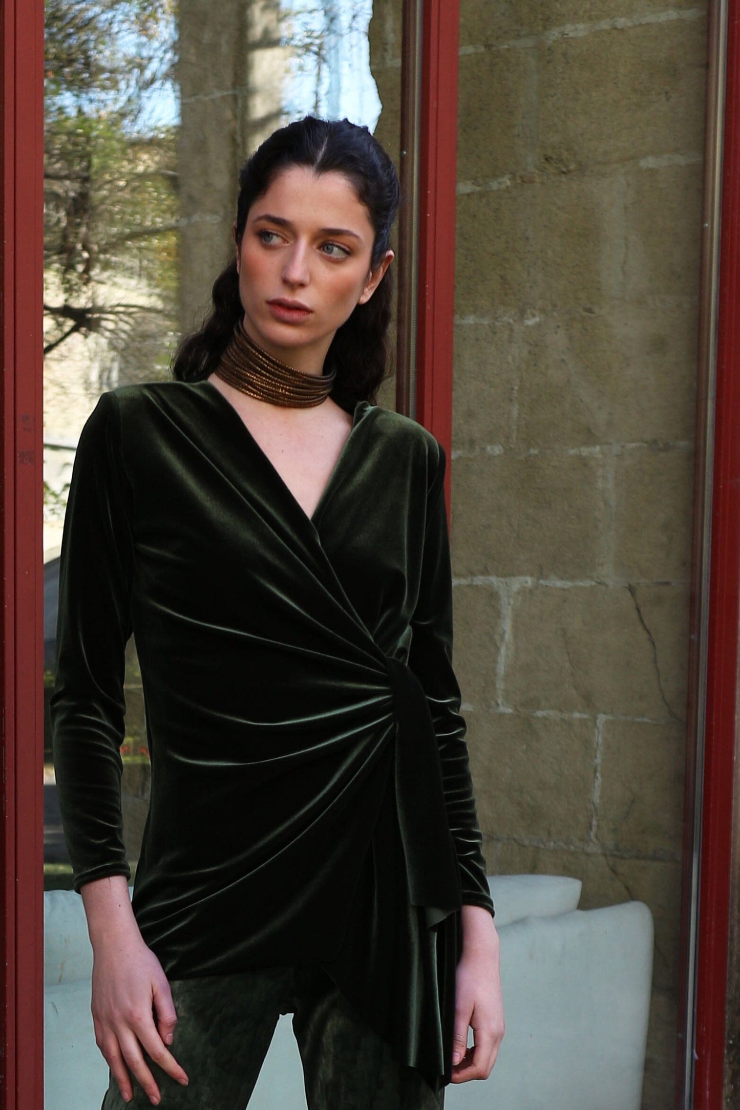 TOP CRUZADO TERCIPELO VERDE CAZA Shirts & Tops Elisa Cortés 