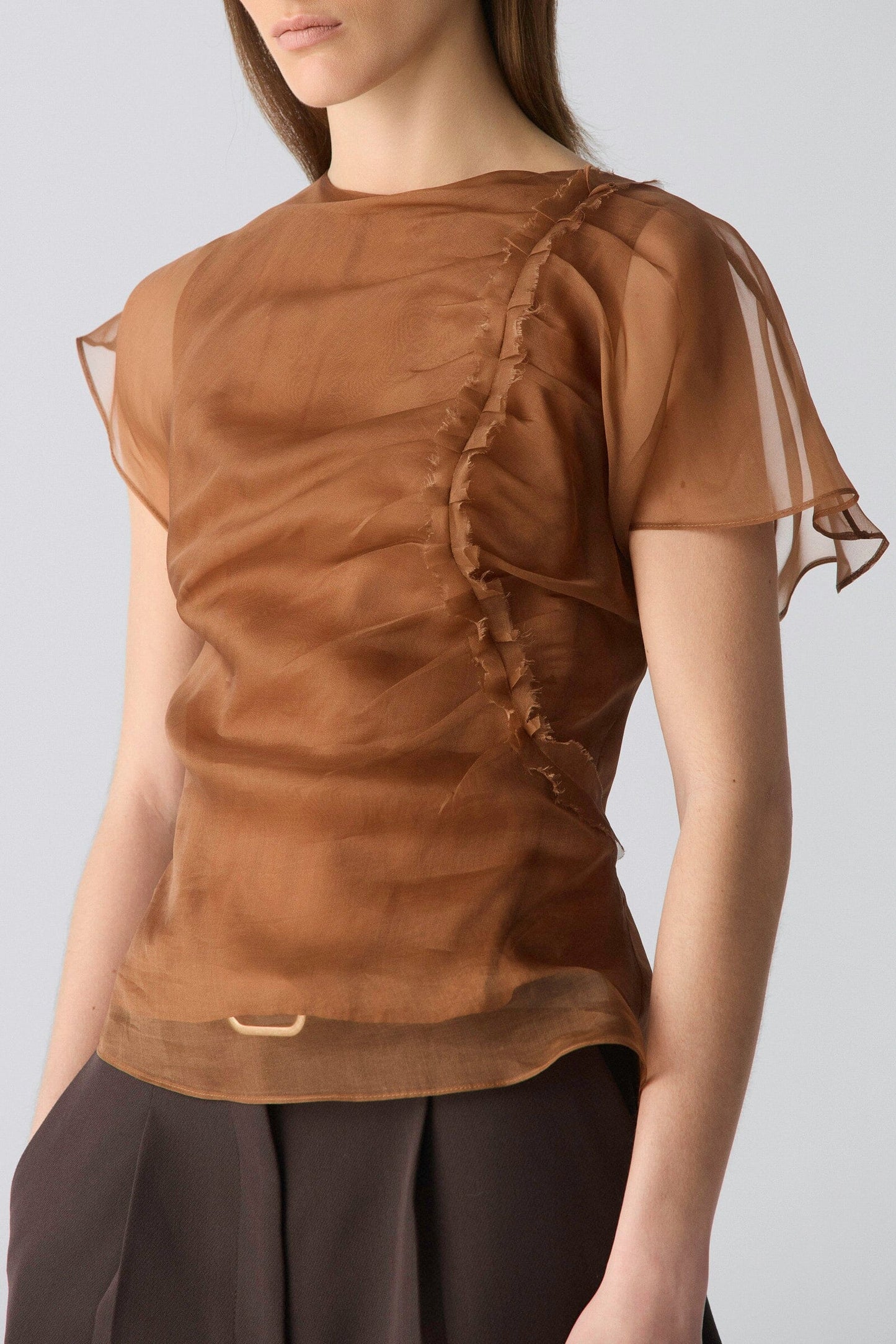 Top drapeado de organza marrón Tops and Blouses Miguel Marinero 