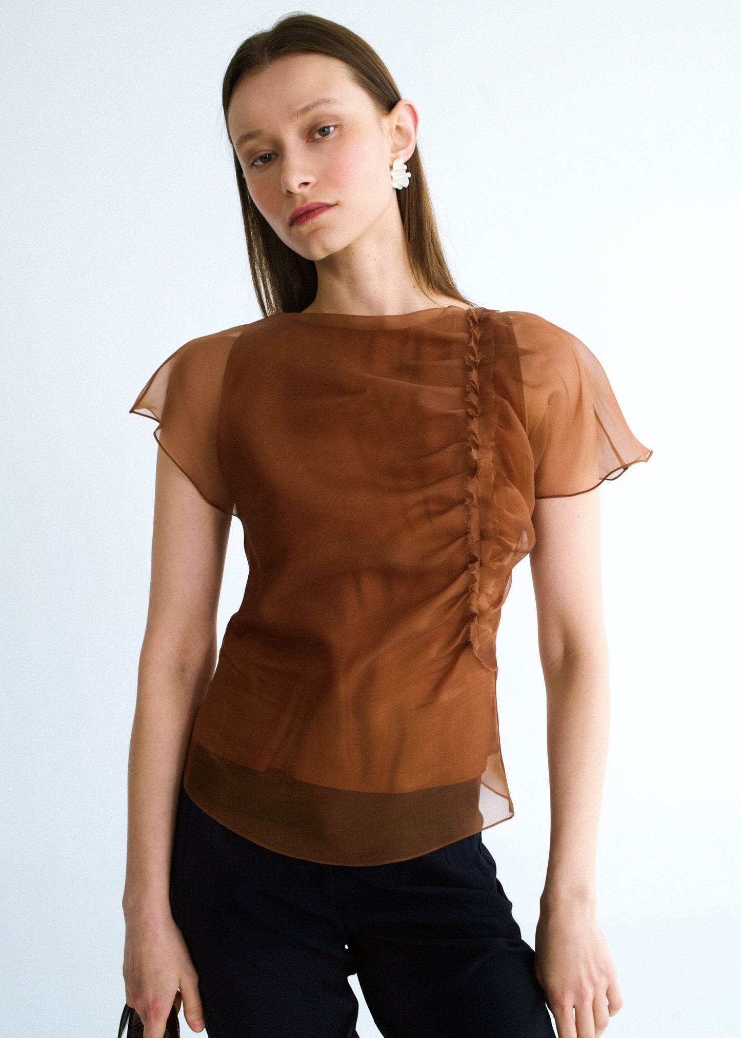 Top drapeado organza marrón Shirts & blouses Miguel Marinero 