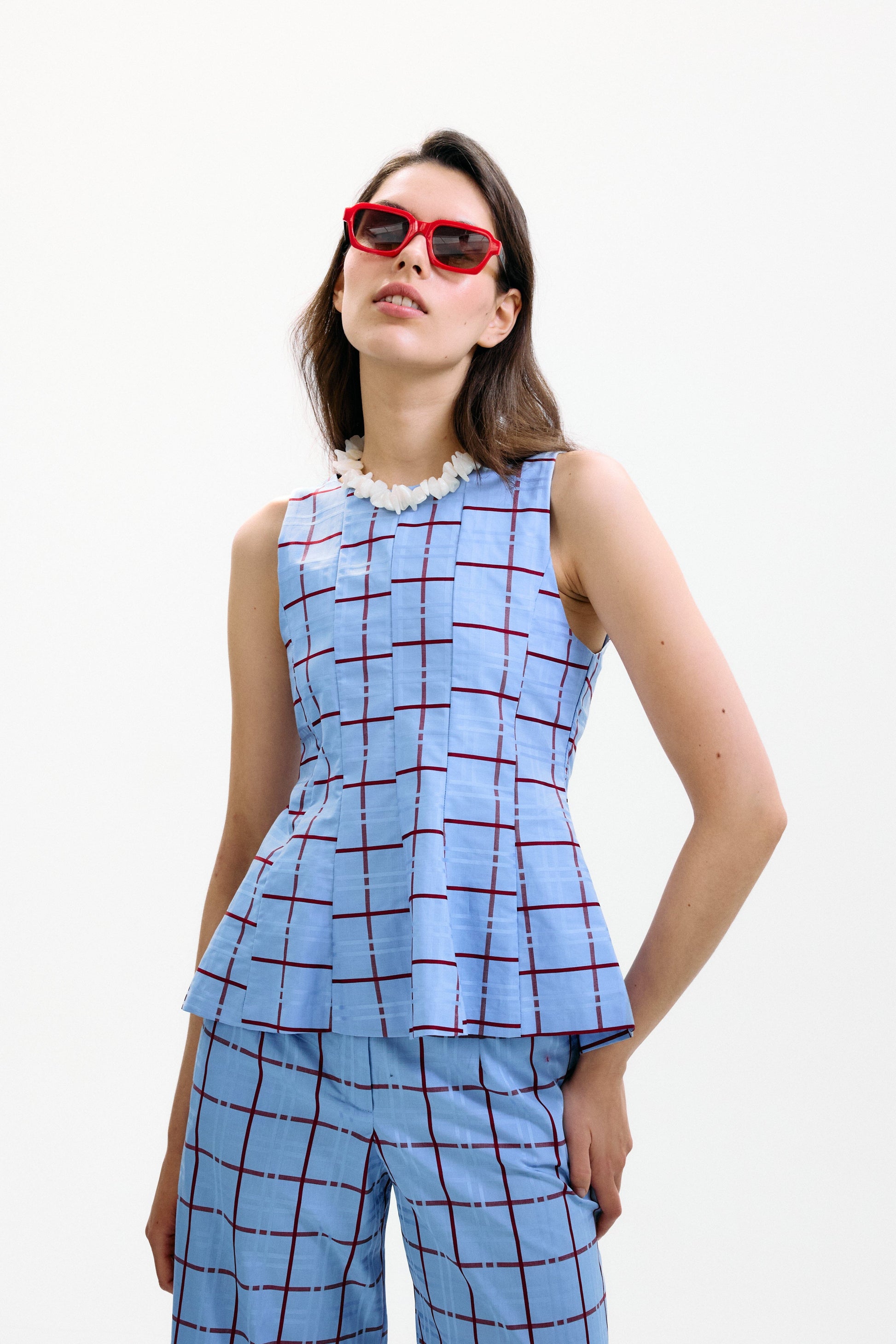 Top Lido Azul Cuadros Burdeos Tops and Blouses IPA BRAND 