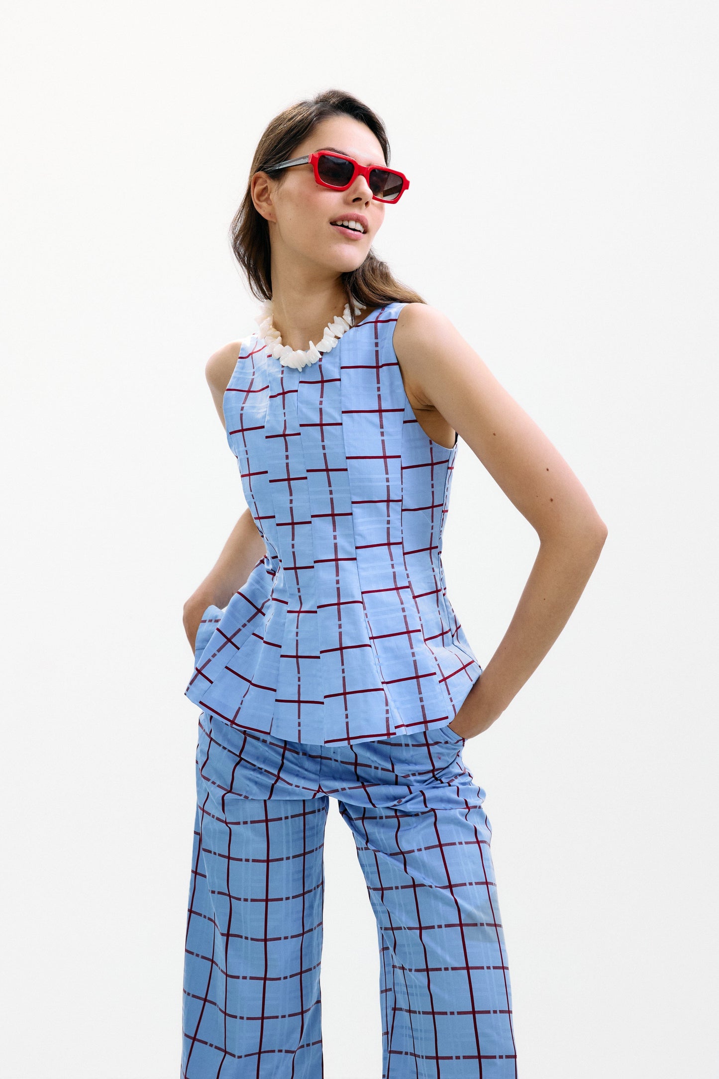 Top Lido Azul Cuadros Burdeos Tops and Blouses IPA BRAND 