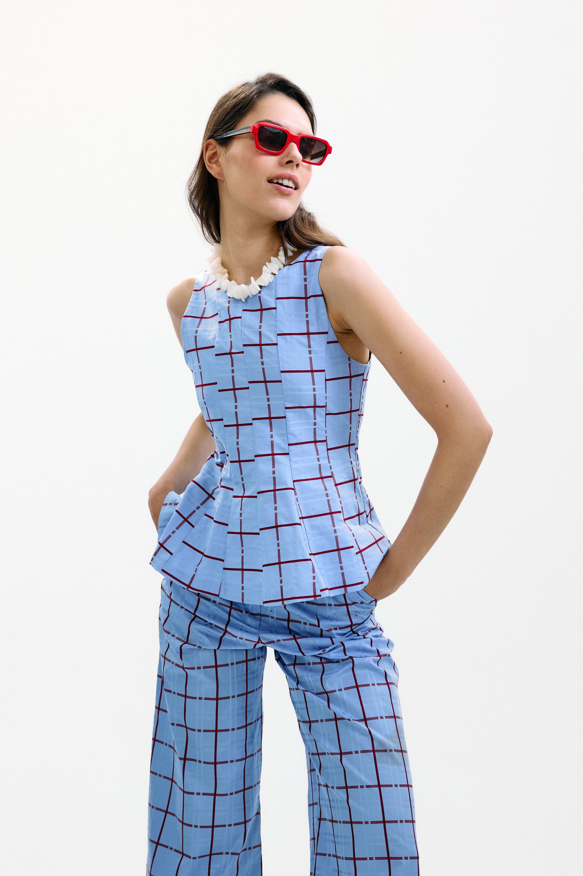 Top Lido Azul Cuadros Burdeos Tops and Blouses IPA BRAND 