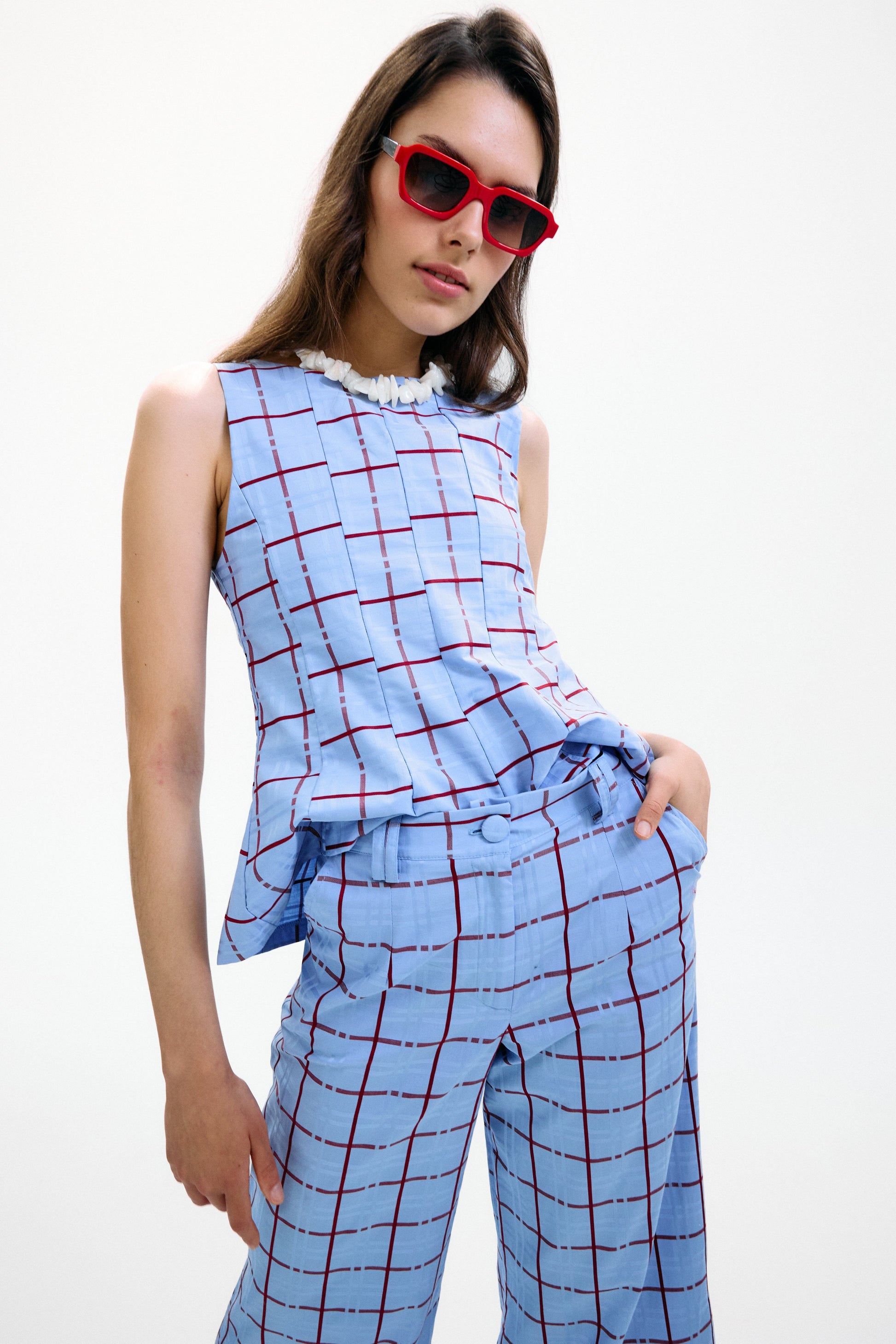 Top Lido Azul Cuadros Burdeos Tops and Blouses IPA BRAND 