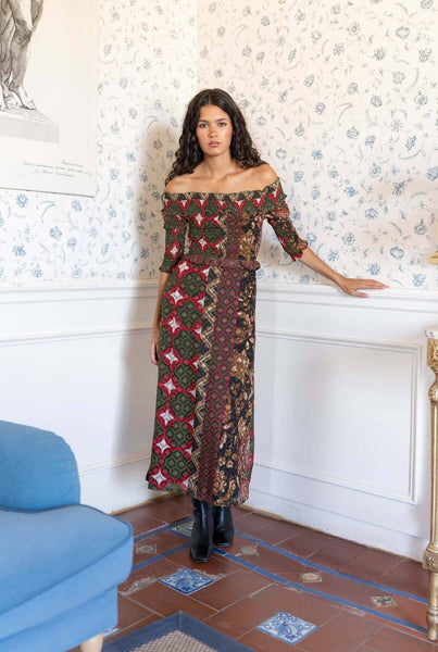 Boho Bardot Shirred Midi Dress – ES Fascinante