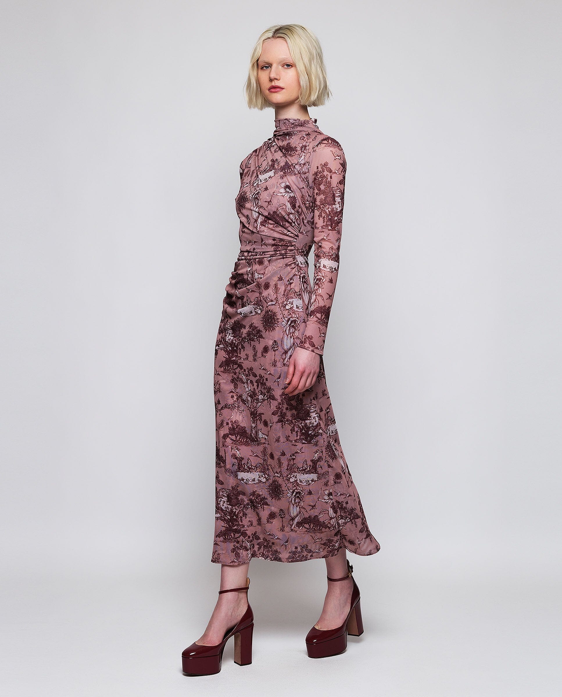 Vestido drapeado rosa estampado toile de jouy Dresses Mirto 
