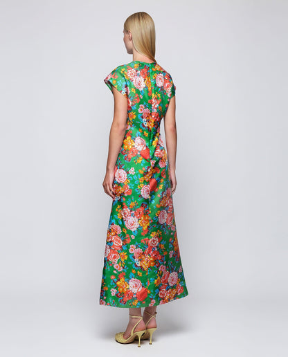 Vestido drapeado verde estampado floral seda MUJER / VESTIDOS Mirto 