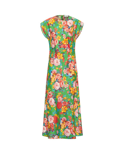 Vestido drapeado verde estampado floral seda MUJER / VESTIDOS Mirto 