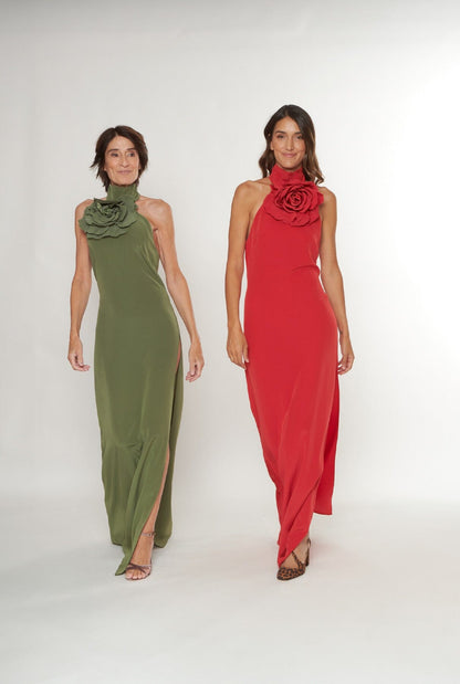 Vestido halter con flor verde caqui Dresses Malne 