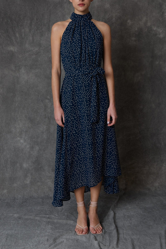 Vestido halter midi azul con estampado de lunares y lazada Dresses Roberto Torretta 