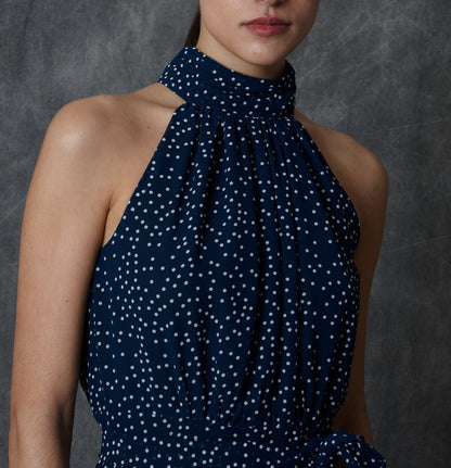 Vestido halter midi azul con estampado de lunares y lazada Dresses Roberto Torretta 