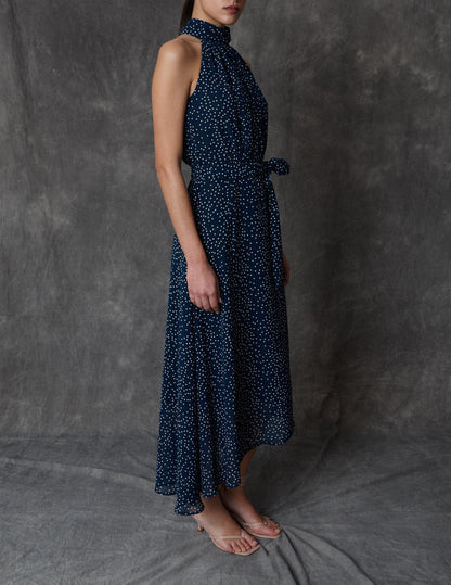 Vestido halter midi azul con estampado de lunares y lazada Dresses Roberto Torretta 