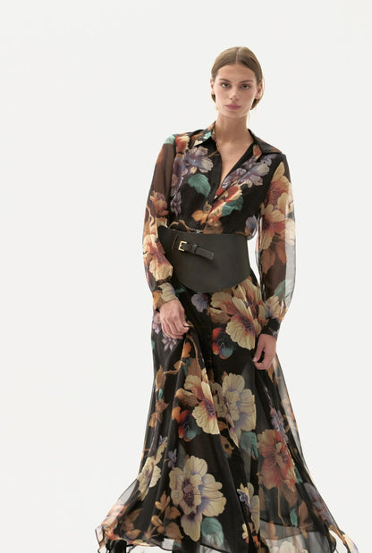 Vestido largo negro de gasa estampado floral Dresses Mirto 