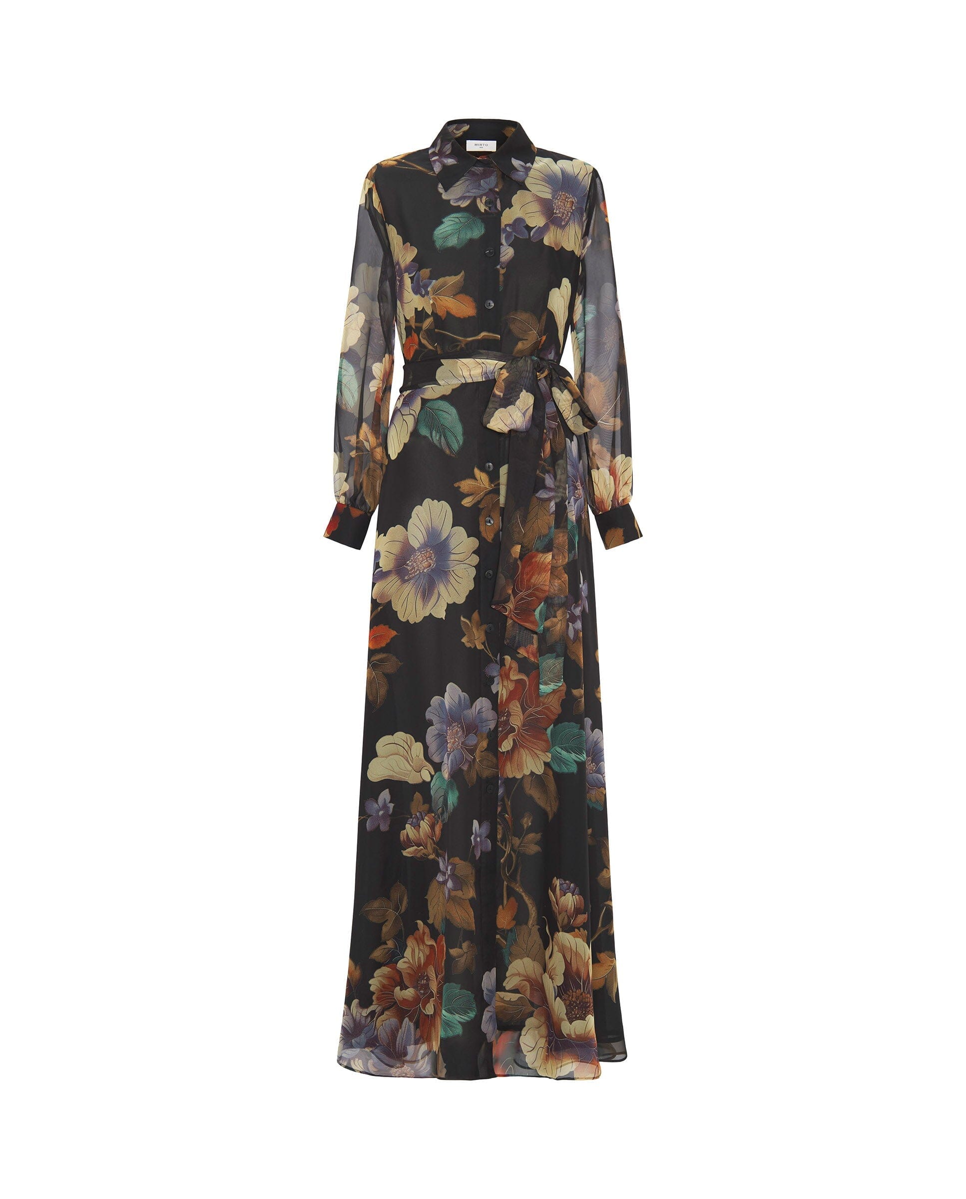 Vestido largo negro de gasa estampado floral MUJER / VESTIDOS / VESTIDOS Mirto 