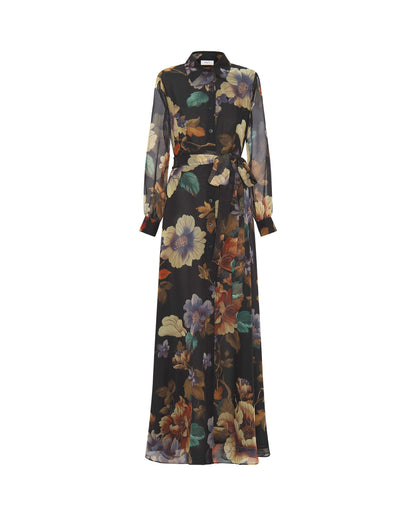 Vestido largo negro de gasa estampado floral MUJER / VESTIDOS / VESTIDOS Mirto 