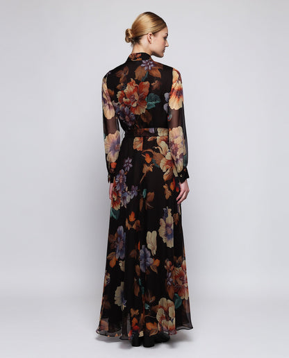 Vestido largo negro de gasa estampado floral MUJER / VESTIDOS / VESTIDOS Mirto 
