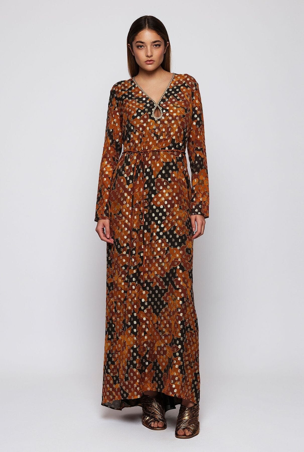 Vestido marrón metalizado estampado floral Dresses Mirto 
