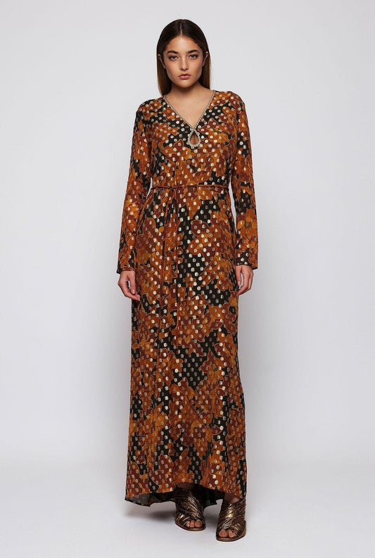 Vestido marrón metalizado estampado floral Dresses Mirto 