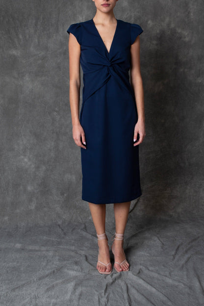 Vestido midi azul marino con drapeado central Dresses Roberto Torretta 