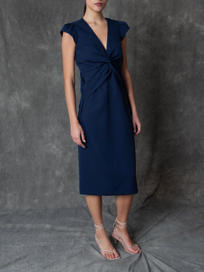 Vestido midi azul marino con drapeado central Dresses Roberto Torretta 