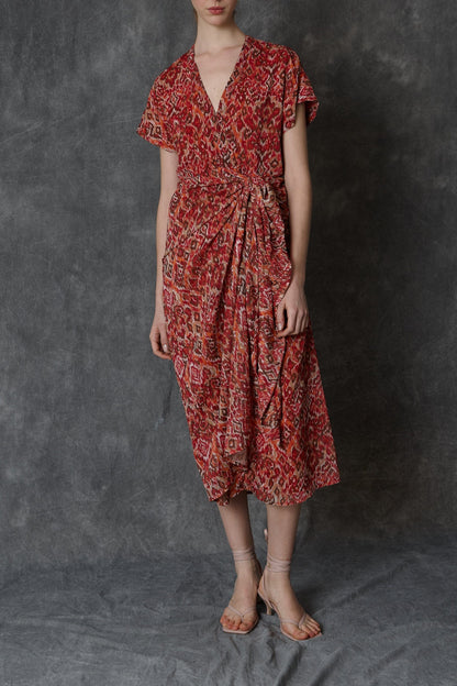 Vestido midi estampado en rojo con drapeado lateral Dresses Roberto Torretta 