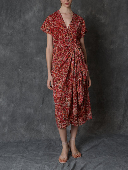 Vestido midi estampado en rojo con drapeado lateral Dresses Roberto Torretta 