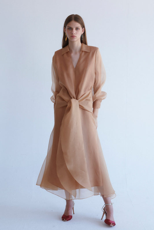 Vestido midi lazada camel Vestidos Miguel Marinero 