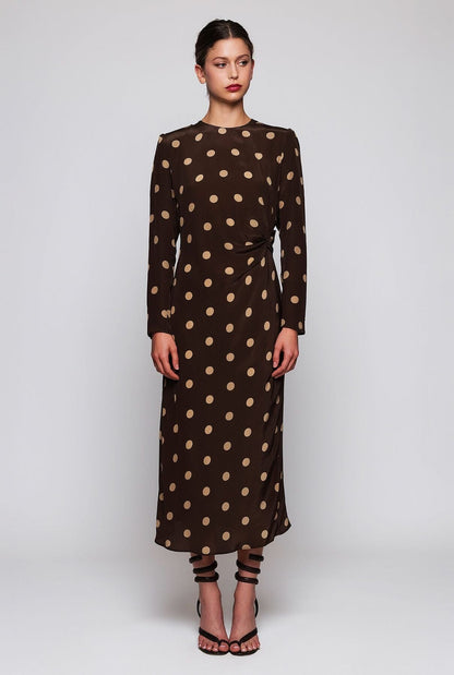 Vestido midi marrón estampado lunares camel Dresses Mirto 