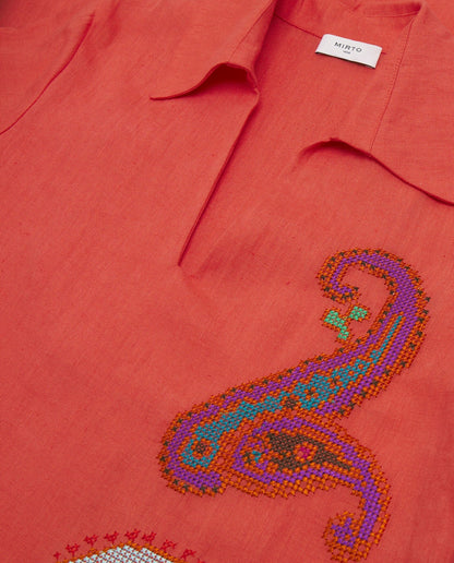 Vestido naranja bordado paisley de lino Dresses Mirto 
