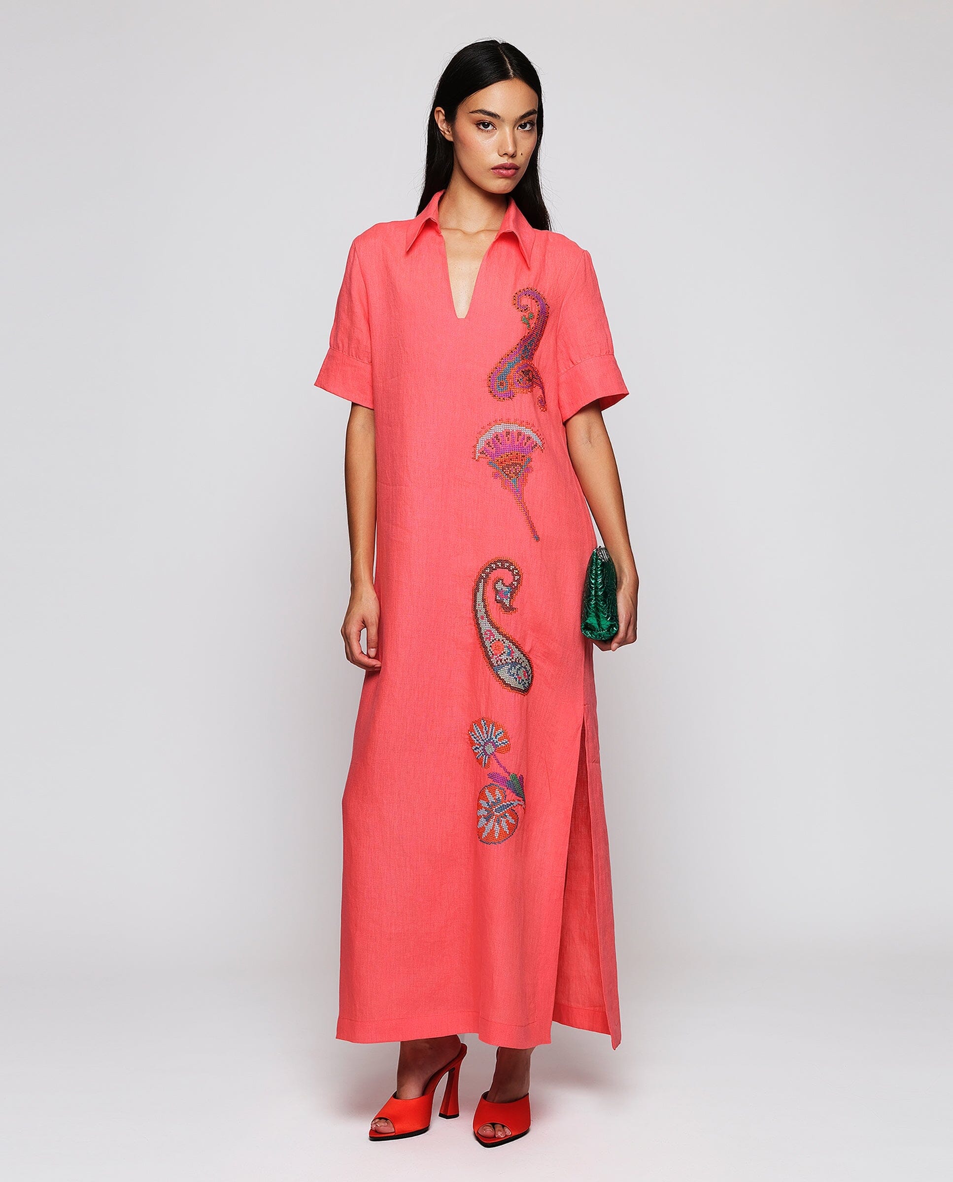 Vestido naranja bordado paisley de lino Dresses Mirto 