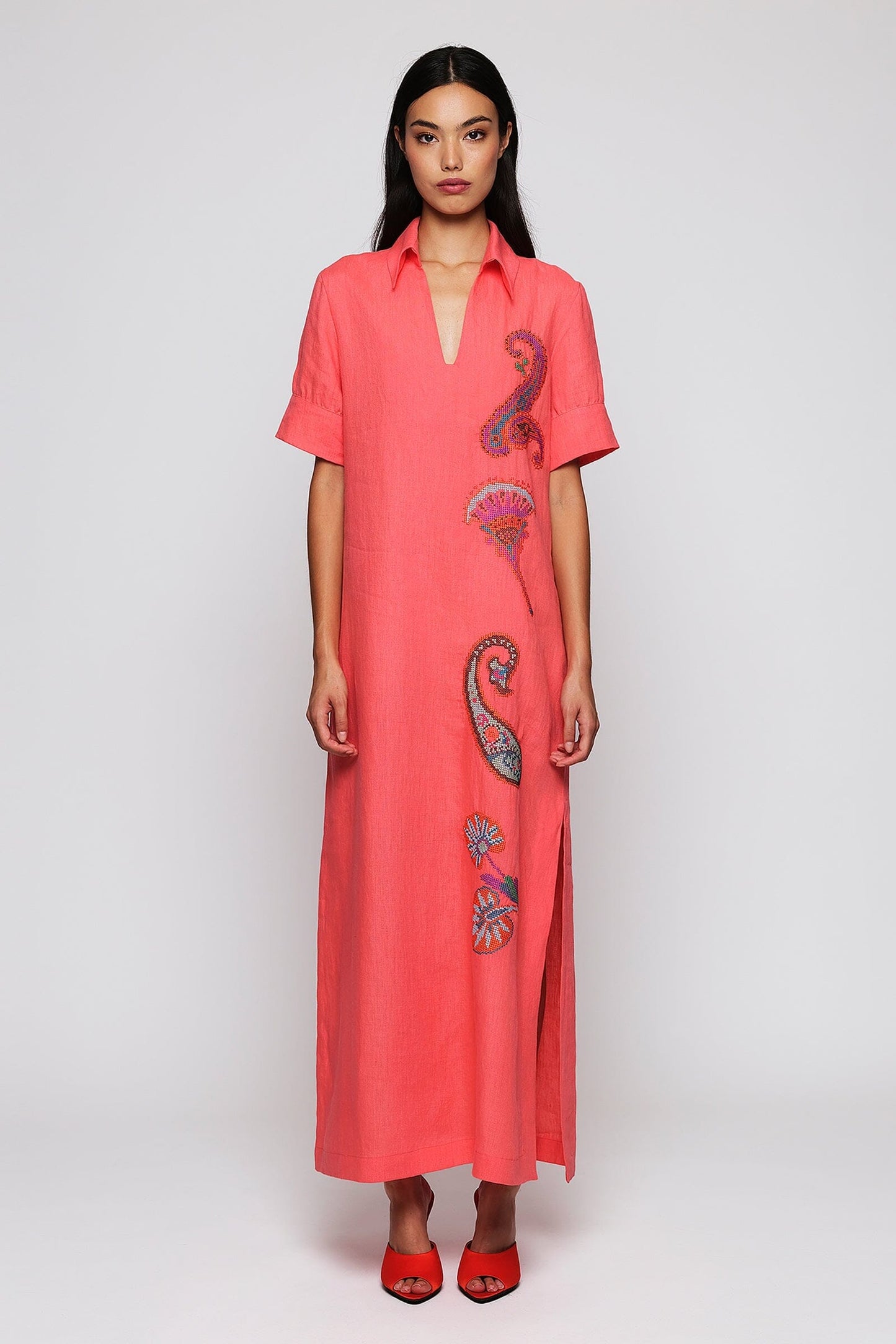Vestido naranja bordado paisley de lino Dresses Mirto S / 36 