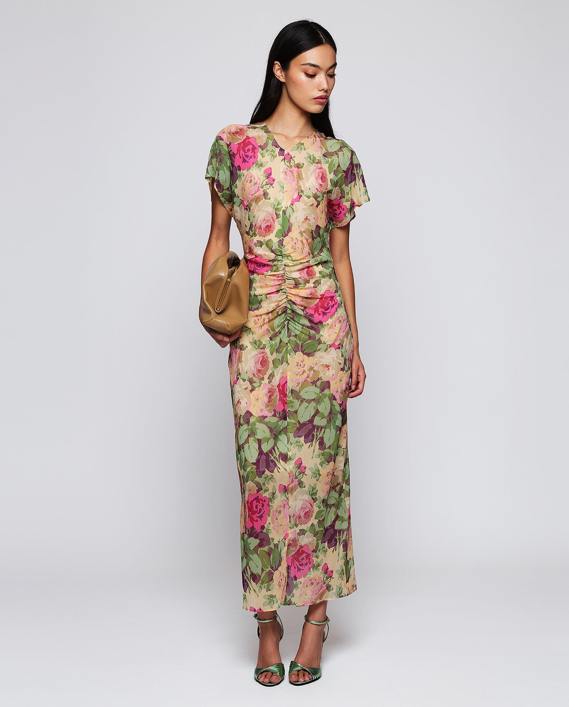 Vestido rosa drapeado de gasa estampado floral Dresses Mirto 