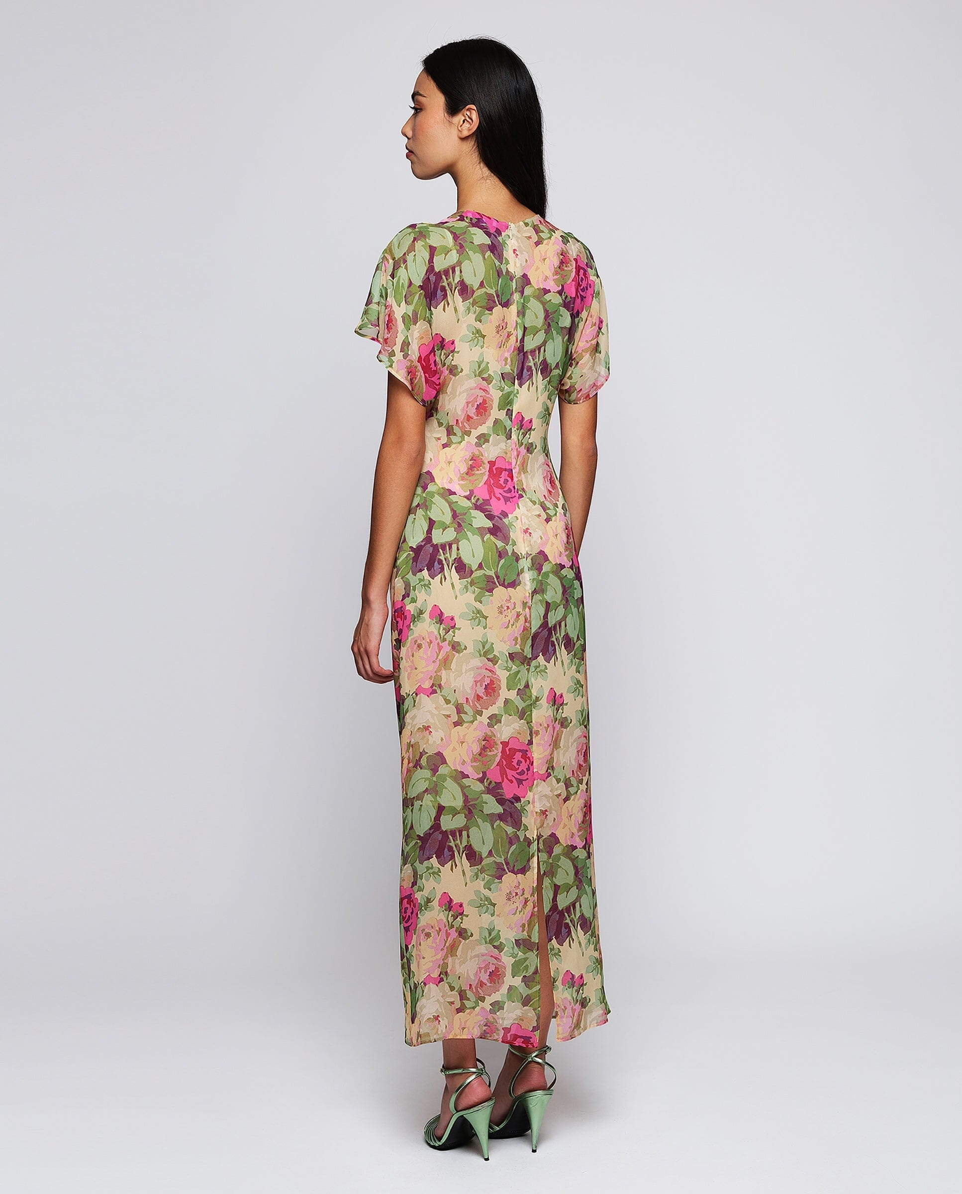 Vestido rosa drapeado de gasa estampado floral Dresses Mirto 