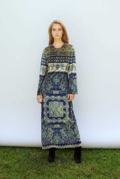 VESTIDO TERCIOPELO PAISLEY AZUL Y VERDE Long Dresses Philippa 1970 