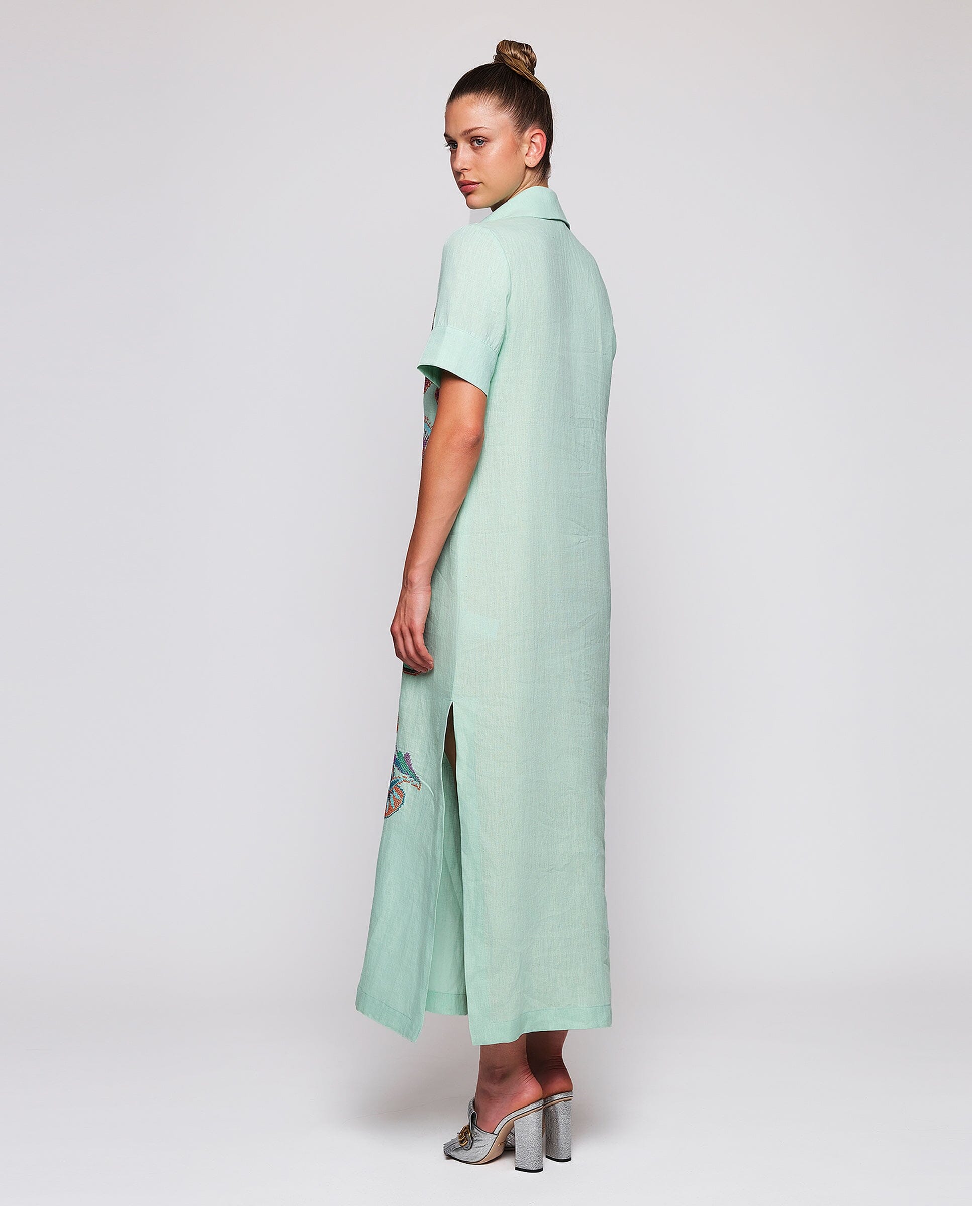 Vestido verde bordado paisley de lino Dresses Mirto 