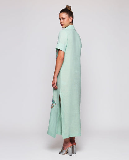 Vestido verde bordado paisley de lino Dresses Mirto 