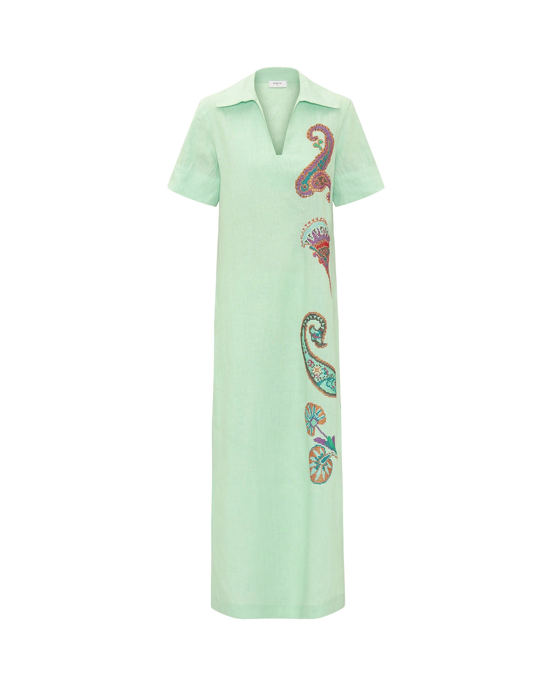 Vestido verde bordado paisley de lino Dresses Mirto 
