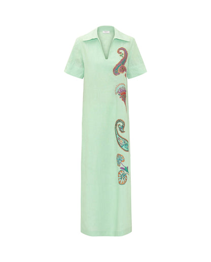 Vestido verde bordado paisley de lino Dresses Mirto 