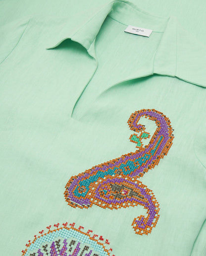 Vestido verde bordado paisley de lino Dresses Mirto 
