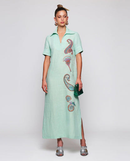 Vestido verde bordado paisley de lino Dresses Mirto 