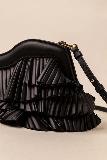 Vuelo Pleated Black Leather Soft Clutch Crossbody bags RFB 