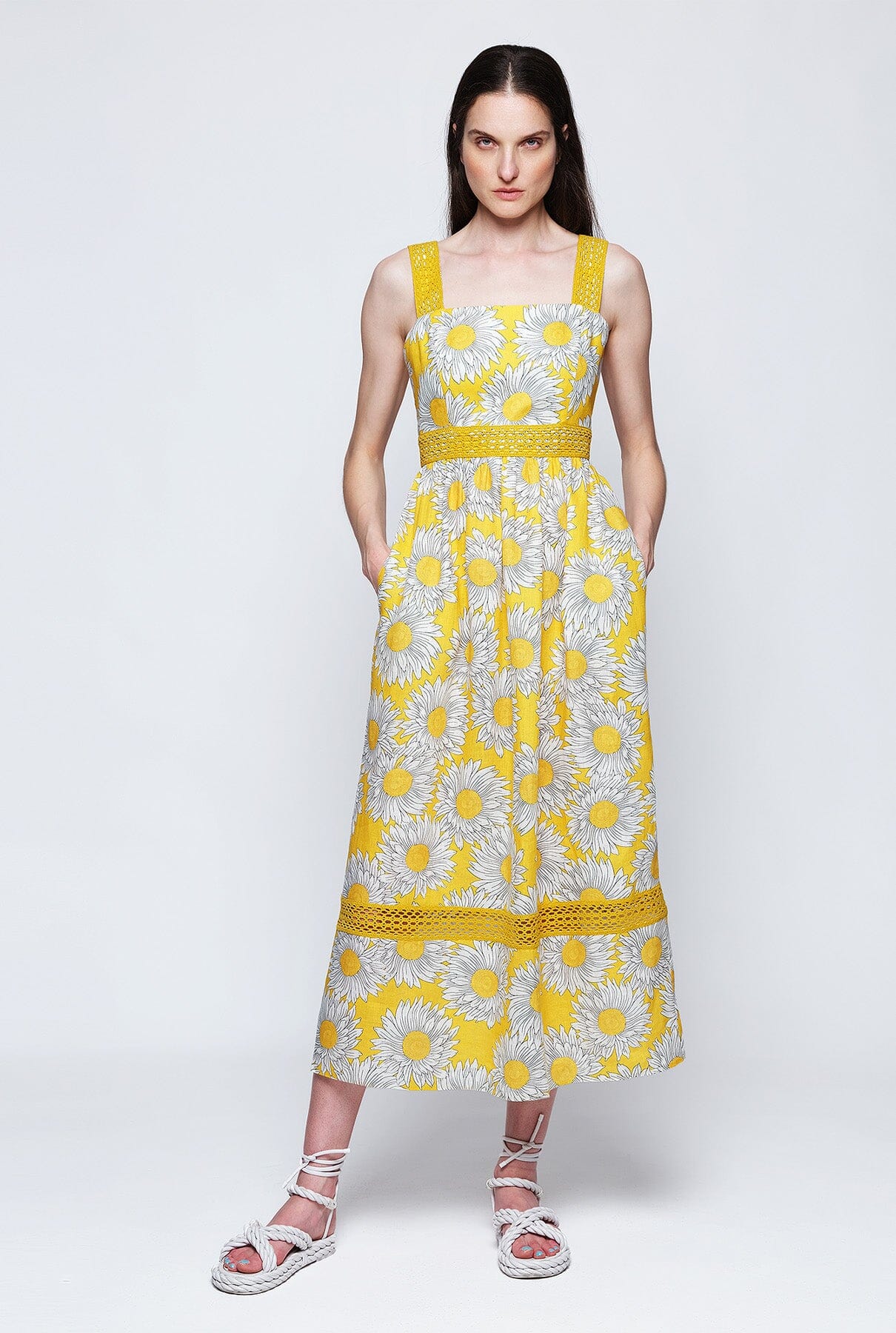 Yellow floral print linen dress Long Dresses Mirto 