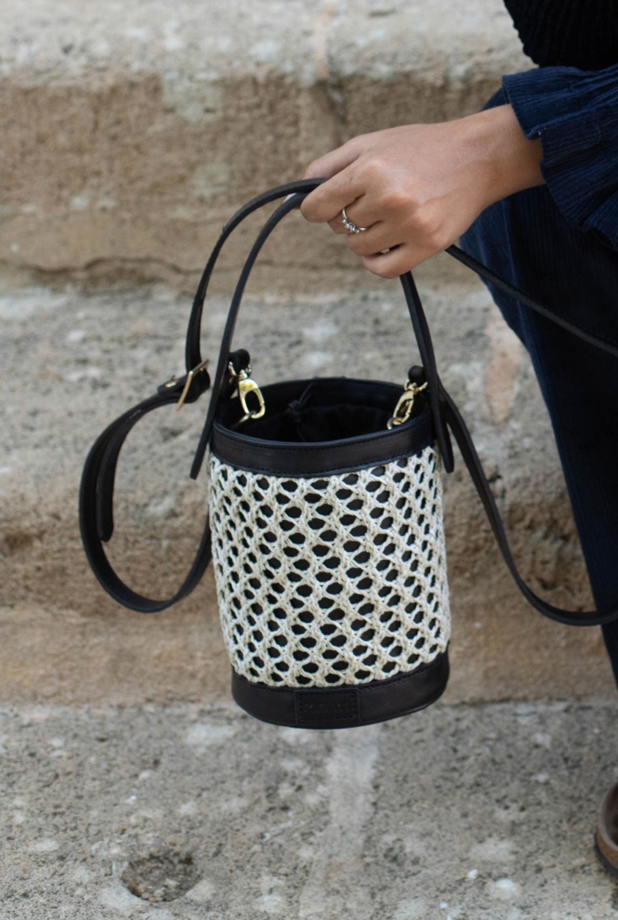 Zig Zag Bucket Bag Black + White Hand bags Zahati 