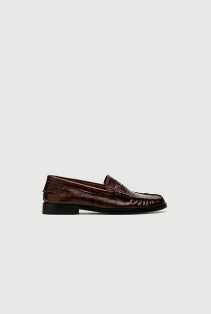 Zoe Loafers in Croc-effect Chocolate Leather Flat shoes AUGUSTA 