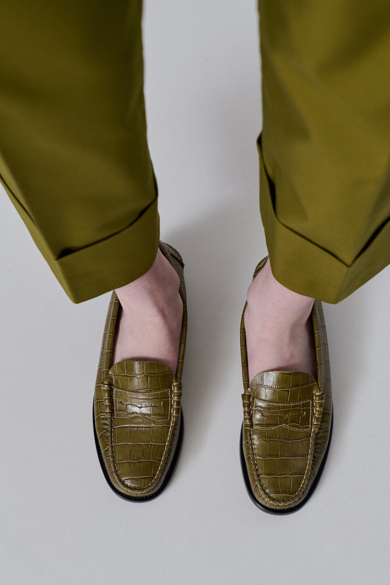 Zoe Loafers in Croc-effect Olive Green Leather Flat shoes AUGUSTA 