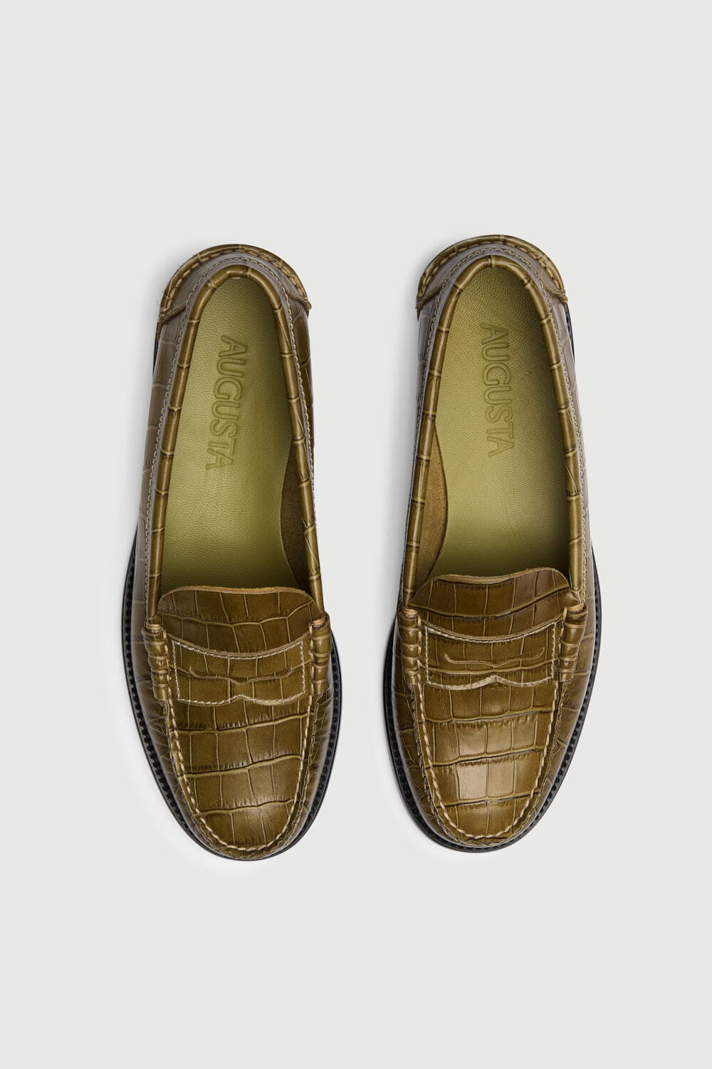 Zoe Loafers in Croc-effect Olive Green Leather Flat shoes AUGUSTA 