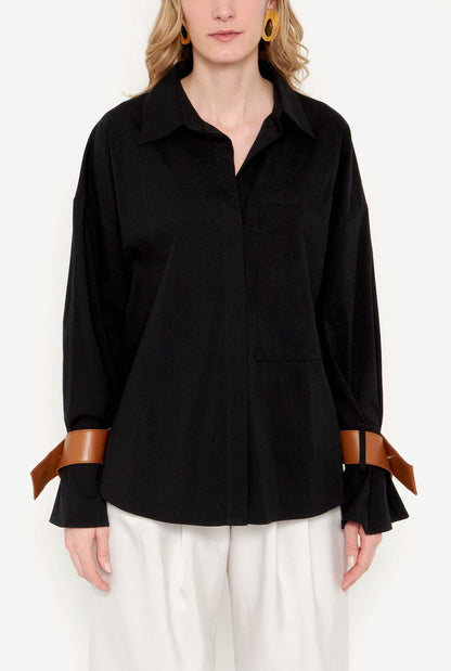 Camisa oversize negra con puños de cuero camel Shirts & blouses Miguel Marinero 