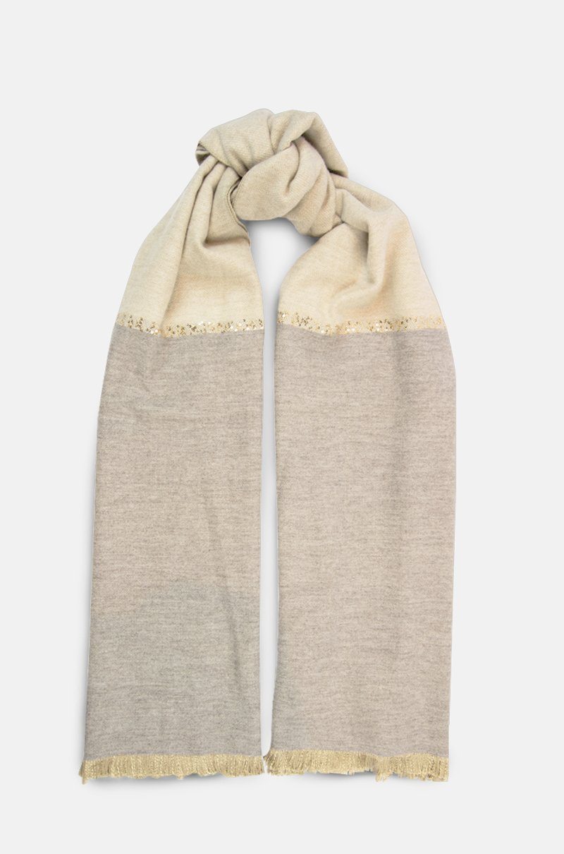 Pañuelo de cashmere y seda beige con lentejuelas