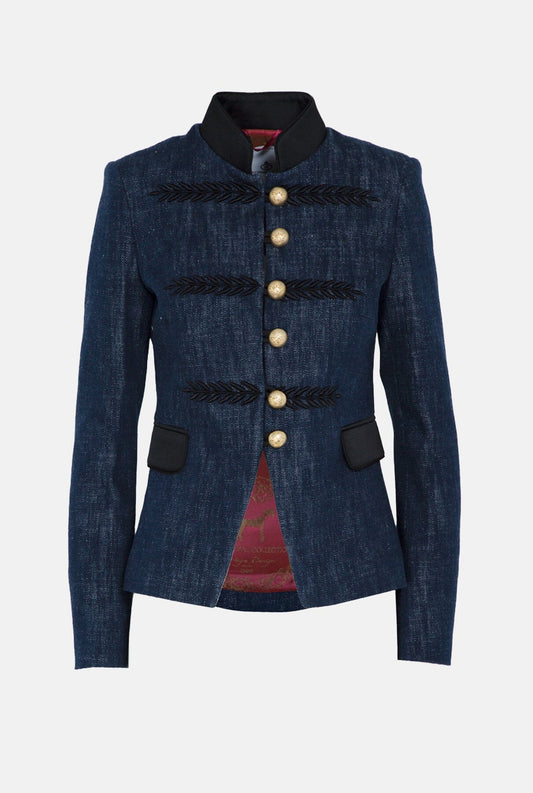 Embroidered Denim Single Breasted Blazer With Crew Neck Renata Bleu Jackets The Extreme Collection 